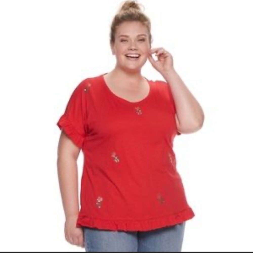 EVRI Red Short Sleeve Top with Pineapple Accents Boho Maximalism 1xl